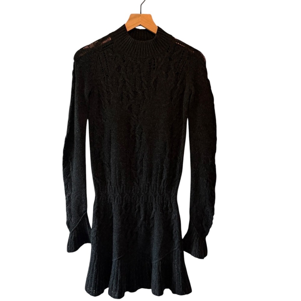 Theyskens Theory Black 100% Wool Cable Open Knit Ruffle Hem Sweater Dress Petite